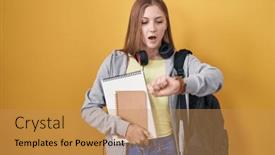  Presentation with student - PPT layouts having young-caucasian-woman-wearing-student background and a yellow colored foreground