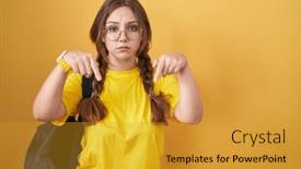  Presentation with woman sad - Presentation design with young-caucasian-woman-wearing-student background and a  colored foreground