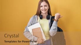  Presentation with student - PPT theme featuring young-caucasian-woman-wearing-student and a coral colored foreground