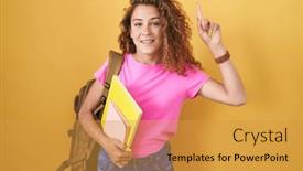  Presentation with student - PPT layouts with young-caucasian-woman-wearing-student and a gold colored foreground