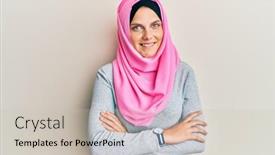  Presentation with islamic - Audience pleasing PPT theme consisting of young-caucasian-woman-wearing-traditional backdrop and a soft green colored foreground