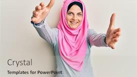  Presentation with hug - Cool new PPT layouts with young-caucasian-woman-wearing-traditional backdrop and a light gray colored foreground