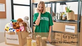  Presentation with volunteer - PPT theme with young-caucasian-woman-wearing-volunteer background and a coral colored foreground