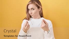  Presentation with salary - Presentation theme having young-caucasian-woman-wearing-white background and a coral colored foreground