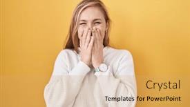  Presentation with scandal - PPT layouts with young-caucasian-woman-wearing-white background and a yellow colored foreground