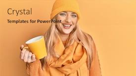  Presentation with coffee cup - Beautiful slide deck featuring young-caucasian-woman-wearing-winter backdrop and a yellow colored foreground