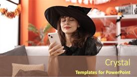  Presentation with costume - Slides enhanced with young-caucasian-woman-wearing-witch background and a violet colored foreground