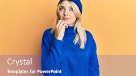  Presentation with wool - Beautiful PPT layouts featuring young-caucasian-woman-wearing-wool backdrop and a royal blue colored foreground