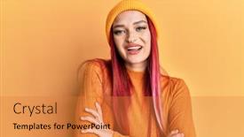  Presentation with wool - Colorful slide deck enhanced with young-caucasian-woman-wearing-wool backdrop and a gold colored foreground