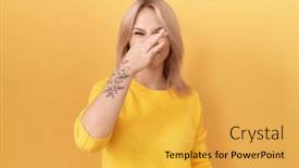  Presentation with bad breath - Slide deck having young-caucasian-woman-wearing-yellow background and a yellow colored foreground