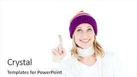  Presentation with upwards - Amazing presentation theme having young caucasian woman wearing a colorful hat pointing upwards with her finger against a white background backdrop and a white colored foreground