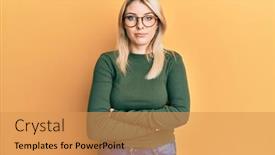  Presentation with simple - Presentation design consisting of young-caucasian-woman-with-arms background and a yellow colored foreground