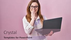  Presentation with scandal - Slide deck featuring young-caucasian-woman-working-using background and a coral colored foreground