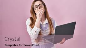  Presentation with sleepiness - Presentation enhanced with young-caucasian-woman-working-using background and a coral colored foreground