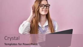  Presentation with hearing - Slide set having young-caucasian-woman-working-using background and a coral colored foreground