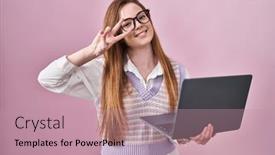  Presentation with peace - Slide set featuring young-caucasian-woman-working-using background and a coral colored foreground