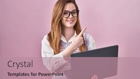  Presentation with working - Presentation theme featuring young-caucasian-woman-working-using background and a coral colored foreground