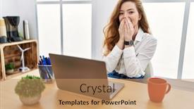  Presentation with office - Presentation theme with young-caucasian-woman-working background and a coral colored foreground