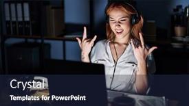  Presentation with teal design music symbol - Presentation consisting of young-caucasian-woman-working background and a navy blue colored foreground