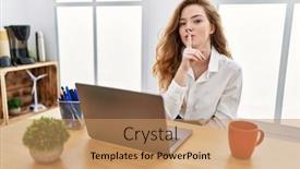  Presentation with working - PPT theme having young-caucasian-woman-working background and a coral colored foreground