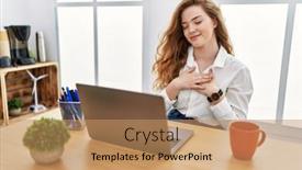 Presentation with office - Presentation design featuring young-caucasian-woman-working background and a coral colored foreground
