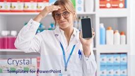  Presentation with pharmacy - Presentation design enhanced with young-caucasian-woman-working background and a light blue colored foreground
