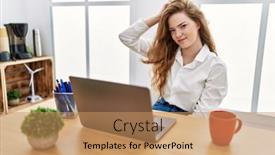  Presentation with office - PPT theme with young-caucasian-woman-working background and a  colored foreground