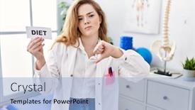  Presentation with rehabilitation - Theme enhanced with young-caucasian-woman-working background and a light blue colored foreground