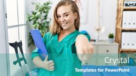  Presentation with recovery - PPT layouts featuring young-caucasian-woman-working background and a teal colored foreground