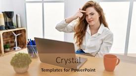  Presentation with acne woman - Theme with young-caucasian-woman-working background and a coral colored foreground