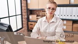  Presentation with simple business - PPT theme having young-caucasian-woman-working background and a coral colored foreground