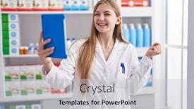  Presentation with pharmacy tablet - Presentation enhanced with young-caucasian-woman-working background and a light gray colored foreground