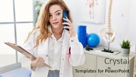  Presentation with rehabilitation - Presentation theme having young-caucasian-woman-working background and a light gray colored foreground