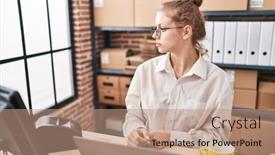  Presentation with business profile - PPT theme with young-caucasian-woman-working background and a coral colored foreground