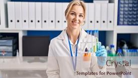  Presentation with tubes - Presentation design enhanced with young-caucasian-woman-working background and a soft green colored foreground