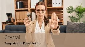  Presentation with sand clock - Presentation design featuring young-caucasian-woman-working background and a coral colored foreground