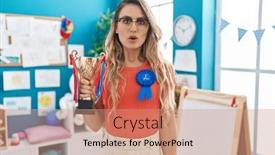  Presentation with prize - Slide deck consisting of young-caucasian-woman-working background and a coral colored foreground