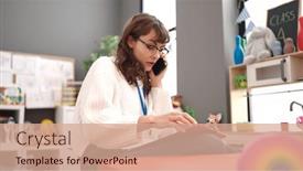  Presentation with teacher - Slide deck enhanced with young-caucasian-woman-working background and a coral colored foreground