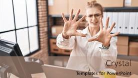  Presentation with panic - PPT theme featuring young-caucasian-woman-working background and a coral colored foreground