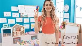  Presentation with teacher - PPT theme enhanced with young-caucasian-woman-working background and a coral colored foreground