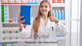  Presentation with pharmacy tablet - Slides enhanced with young-caucasian-woman-working background and a light gray colored foreground