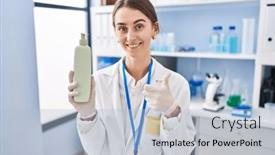  Presentation with lotion - Presentation theme enhanced with young-caucasian-woman-working background and a light blue colored foreground