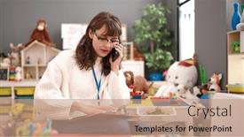  Presentation with speaking - Slide set consisting of young-caucasian-woman-working background and a  colored foreground