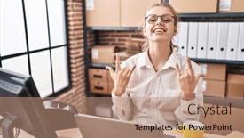  Presentation with music business - Presentation consisting of young-caucasian-woman-working background and a  colored foreground