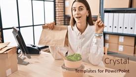  Presentation with take - Slide set consisting of young-caucasian-woman-working background and a coral colored foreground