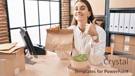  Presentation with take - Presentation having young-caucasian-woman-working background and a  colored foreground