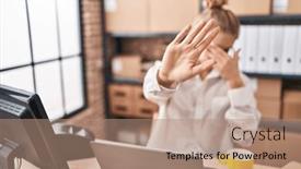  Presentation with sad woman - Slide set with young-caucasian-woman-working background and a coral colored foreground