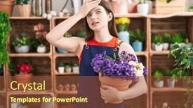  Presentation with hand holding flowers - Presentation theme enhanced with young-caucasian-woman-working background and a tawny brown colored foreground