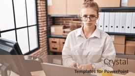  Presentation with upset - Slide deck enhanced with young-caucasian-woman-working background and a  colored foreground