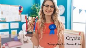  Presentation with prize - Presentation theme enhanced with young-caucasian-woman-working background and a coral colored foreground